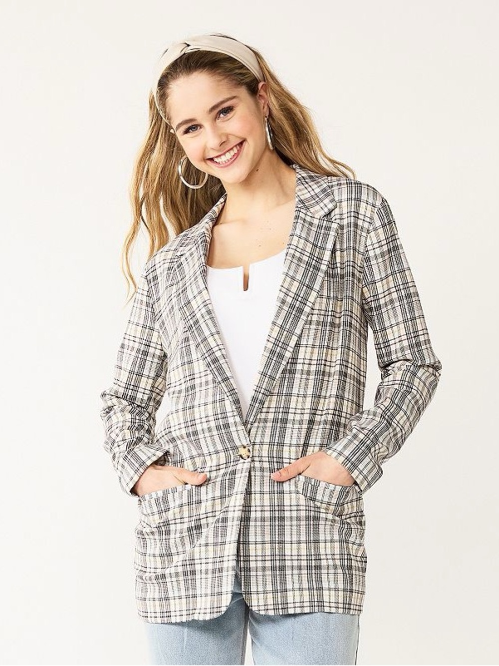 SO Pastel Plaid Single-Button Blazer XS
